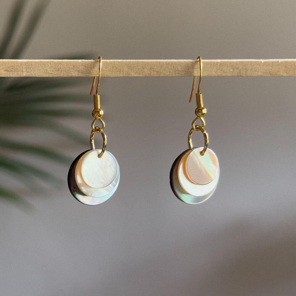 handmade earrings made from 3 mother of pearl iridescent stacked discs